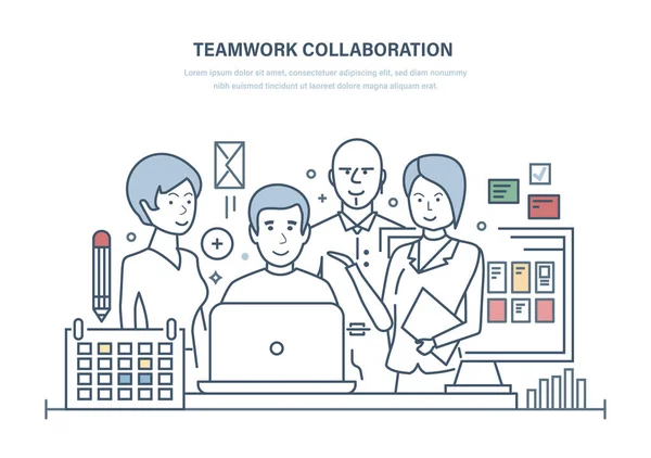 Teamwork collaboration, cooperation, partnerships. Teamwork together complex work with colleagues. — Stock Vector