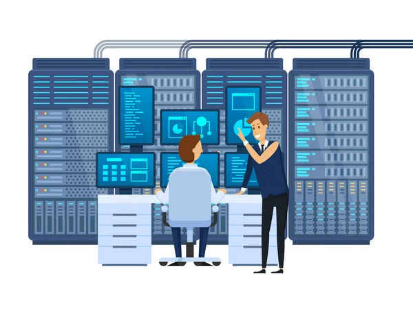 Sala server, attrezzaggio degli amministratori di rete sul posto di lavoro, monitoraggio del database . — Vettoriale Stock