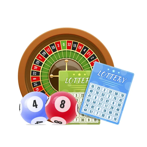 Лотерейні квитки, бінго, лотерея, рулетка. Кульки з номерами, розіграш призів . — стоковий вектор