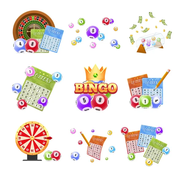 Set di biglietti della lotteria, bingo, lotto, roulette, palle con numeri . — Vettoriale Stock