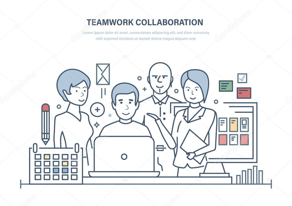 Teamwork collaboration, cooperation, partnerships. Teamwork together complex work with colleagues.