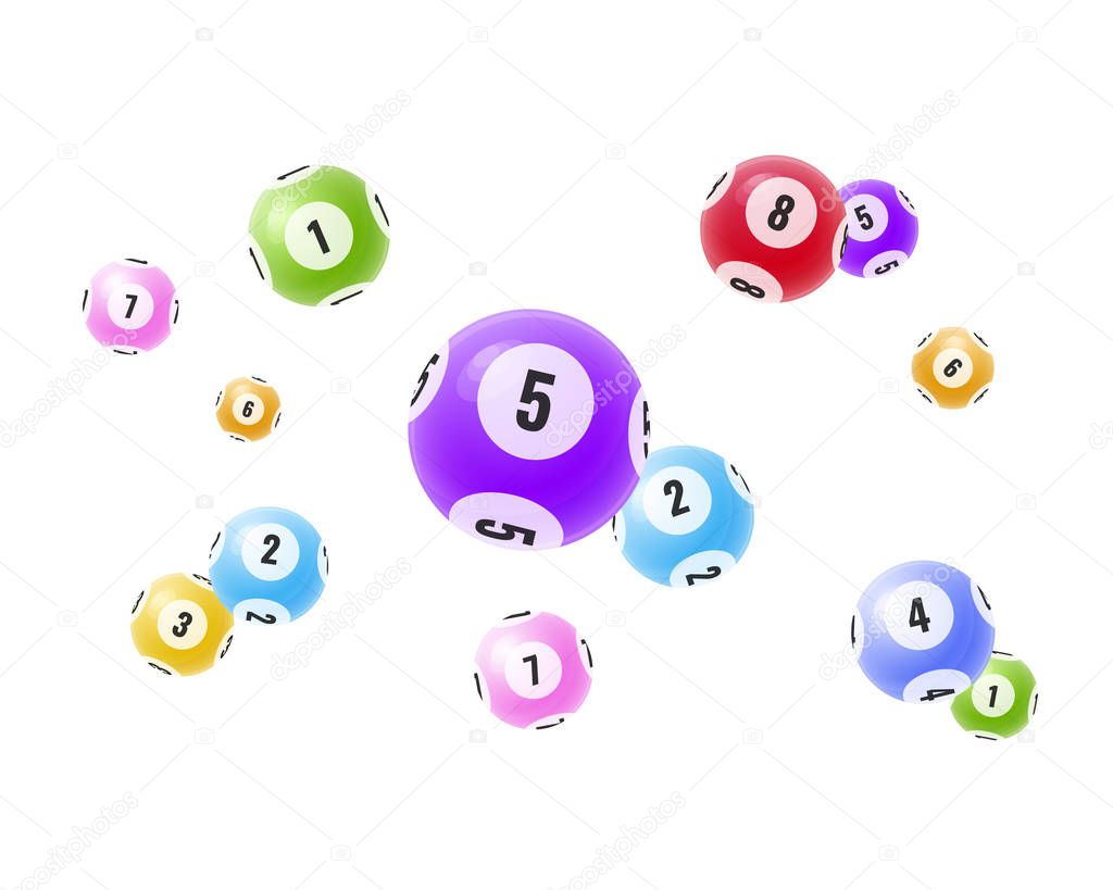 Flying realistic 3D balls with random numbers. Lottery, bingo, lotto.