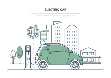 Elektrikli Araba, makine, benzin istasyonunda şarj. Ekolojik şehri temizleme.