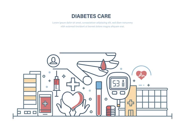 Cuidado com a diabetes. Teste de diabetes, tratamento, pesquisa médica, cuidados de saúde, prevenção, estilo de vida . — Vetor de Stock