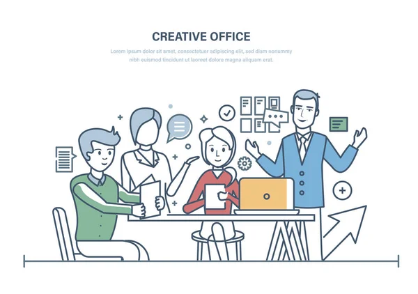 Creatief bureau. Werknemers voldoen, office business team, partnerschap. — Stockvector