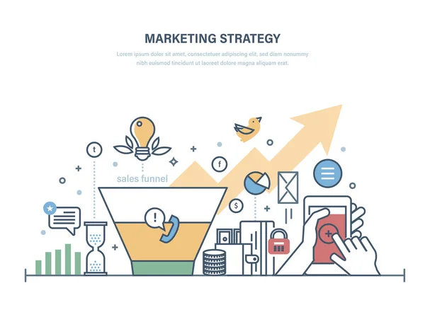 Stratégie de marketing, recherche économique de l'entonnoir de vente. Gestion croissance des investissements . — Image vectorielle