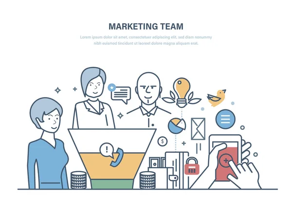 Équipe du bureau de marketing. Collaboration au travail d'équipe, recherche statistique et économique . — Image vectorielle