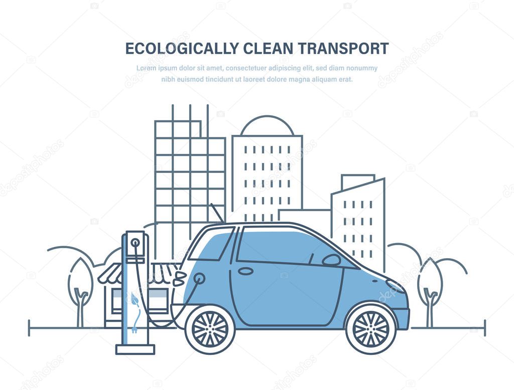 Ecologically clean transport. Electric car, machine, charging at gas station, clean transport. Urban landscape with high-rise buildings skyscrapers, landscape, trees. Illustration thin line design.