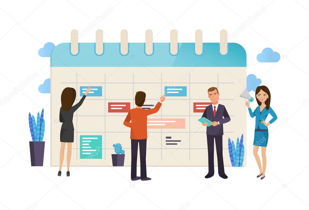 Trabajo en equipo, organización y tareas de planificación empresarial, control de tiempo, fecha 