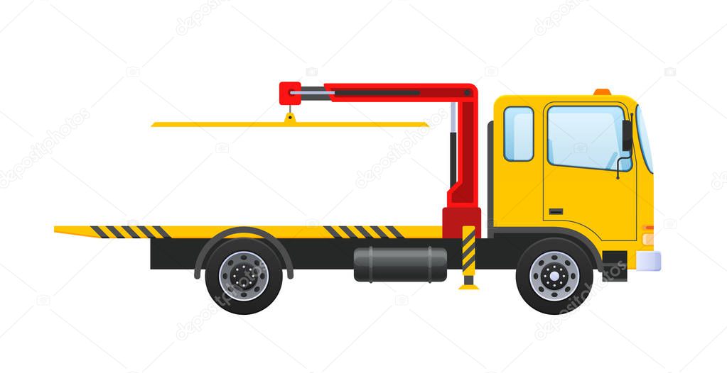 Tow truck with equipped hydraulic manipulator, lifting crane with platform.