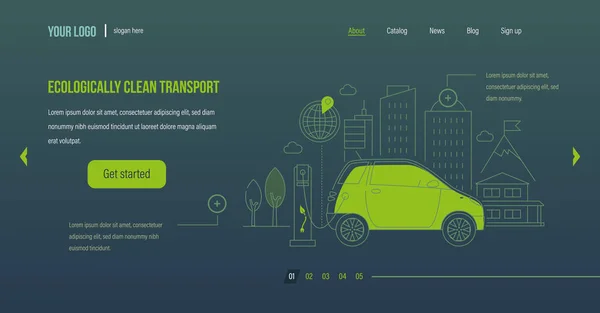Ökológiailag tiszta közlekedés. Elektromos autó, gép, megterhelés állomás közelében. — Stock Vector