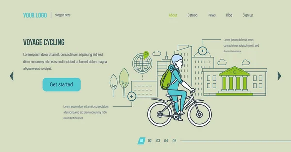 サイクリングを航海します 市内の観光スポットへ市サイクリング ツアー ホーム 若い男の外のエンターテイメントは フィットネス 街に自転車で旅行を行っています ウェブサイト テンプレートのデザイン ベクトル図 — ストックベクタ