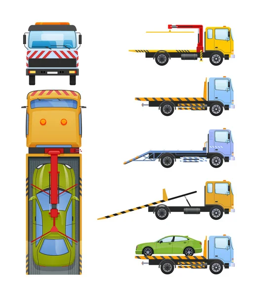 Σύνολο της ρυμούλκησης φορτηγών με συρόμενη πλατφόρμα, υδραυλικό βραχίονα, γερανός. — Διανυσματικό Αρχείο