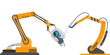 Mekanik üretim fabrika robotlar, robotik ekipman kol. Endüstriyel teknolojik makineleri ile konveyör bant, maşa, bardak, bir robot insan gerçekçi kafası montaj aspirasyon. Vektör çizim.