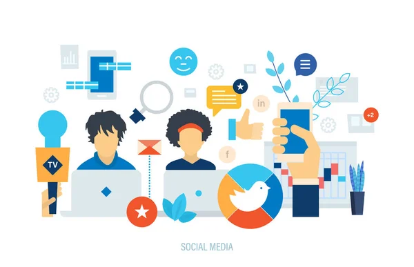 Sociální marketing, mediální plánování, sítě, reklama, lidé síťové komunikace. — Stockový vektor