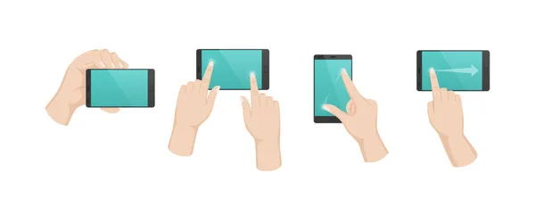 Handgebaren met touchscreen. Draaien, spiegelen inhoud, toenemende schaal. — Stockvector