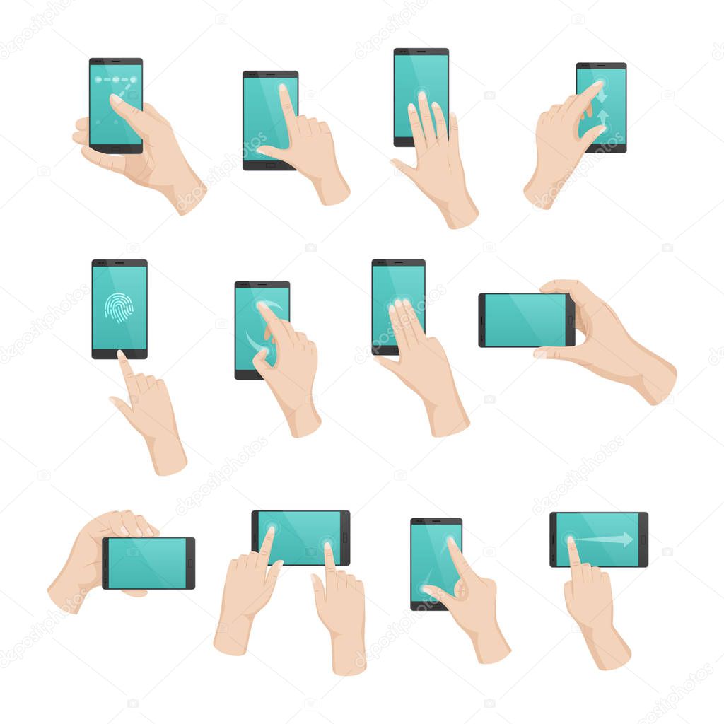 Set, collection of various hand gestures with touchscreen phone.