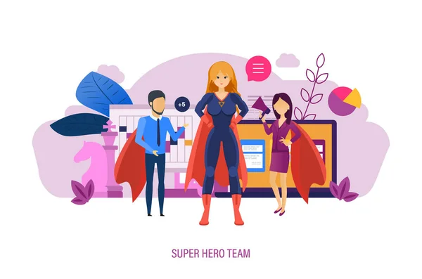 Süper kahraman takımı. İşbirliği liderlik, genişleme iş, takım iş liderleri. — Stok Vektör