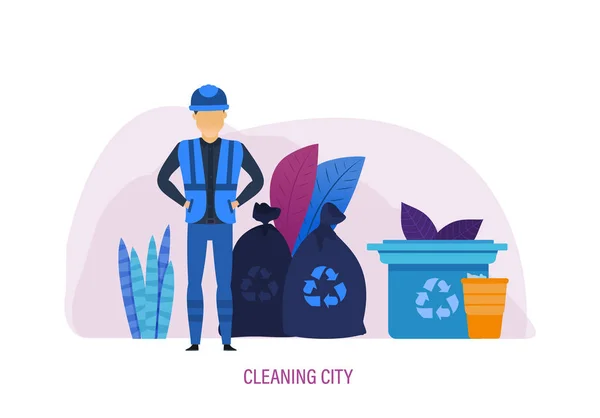 Città delle pulizie. Ecologia città pulita, area di pulizia della spazzatura . — Vettoriale Stock