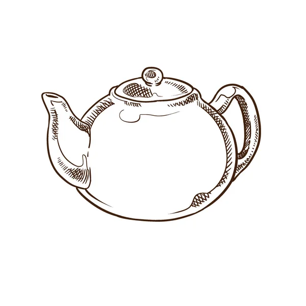 Mooi, Porselein theepot voor het brouwen van thee: blad, in zakken, kruimelig. — Stockvector