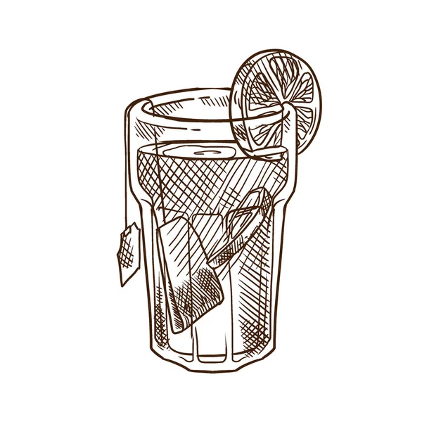 Té negro de bolsas, en vidrio transparente, con cuñas de limón . — Vector de stock