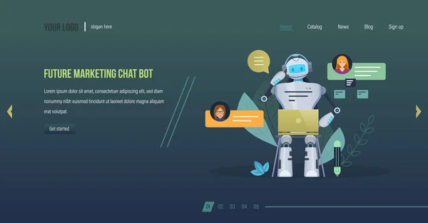 Μελλοντικές μάρκετινγκ chat bot. Καινοτομία τεχνολογία επιστήμη μέλλον, οικονομική διαβούλευση. — Διανυσματικό Αρχείο