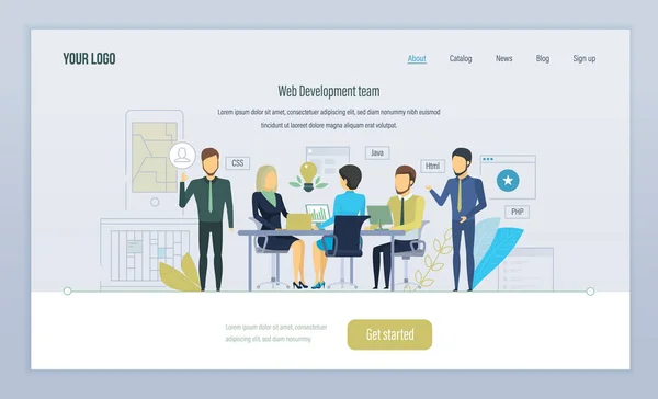 Team di sviluppo web. Lavoro di squadra, progetti. Sviluppo in lingue di alto livello . — Vettoriale Stock