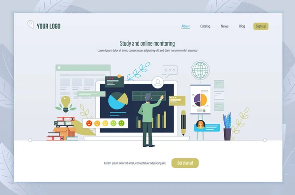 Studien, online övervakning. Vetenskaplig forskning inom digital marknadsföring, media planering. — Stock vektor