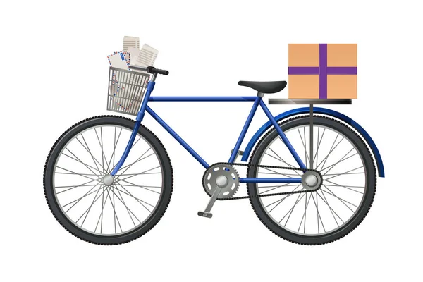 Postmans vélo, avec colis postal et beaucoup de lettres, enveloppes . — Image vectorielle