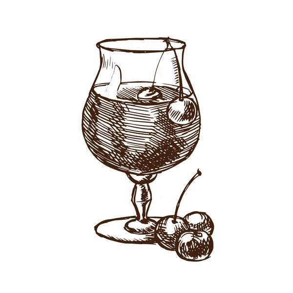 Liqueur de cerises dans un fouilleur de verre et aux cerises fraîches . — Image vectorielle