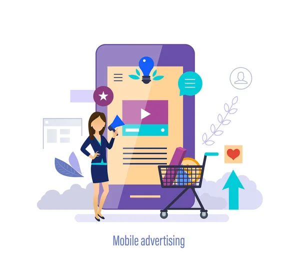Mobiele reclame. Marketing, digitale strategie, sociaal netwerk, pr management. — Stockvector
