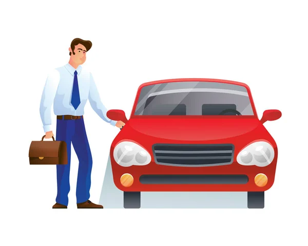 Young man character, planning trip to work, sits in car. — Stock Vector