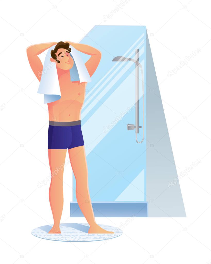 Contented young man character takes a shower in the bathroom.