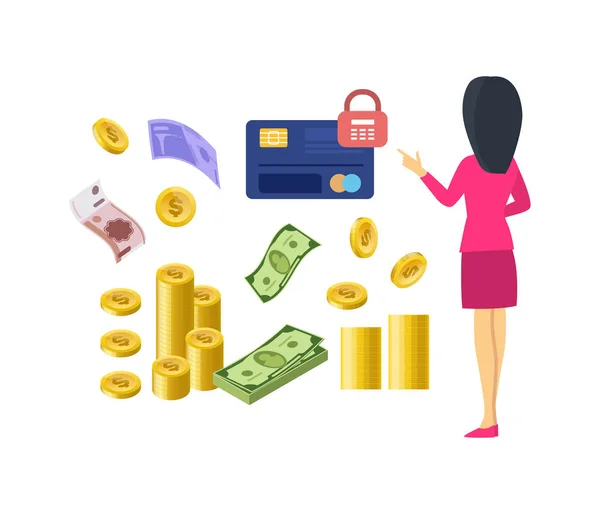 Diferentes tipos de dinheiro e pagamentos. Notas e moedas de papel . — Vetor de Stock