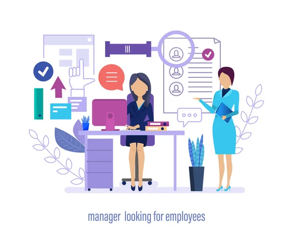 Менеджер ищет сотрудников. Подбор персонала, возобновление поиска, онлайн-интервью . — стоковый вектор