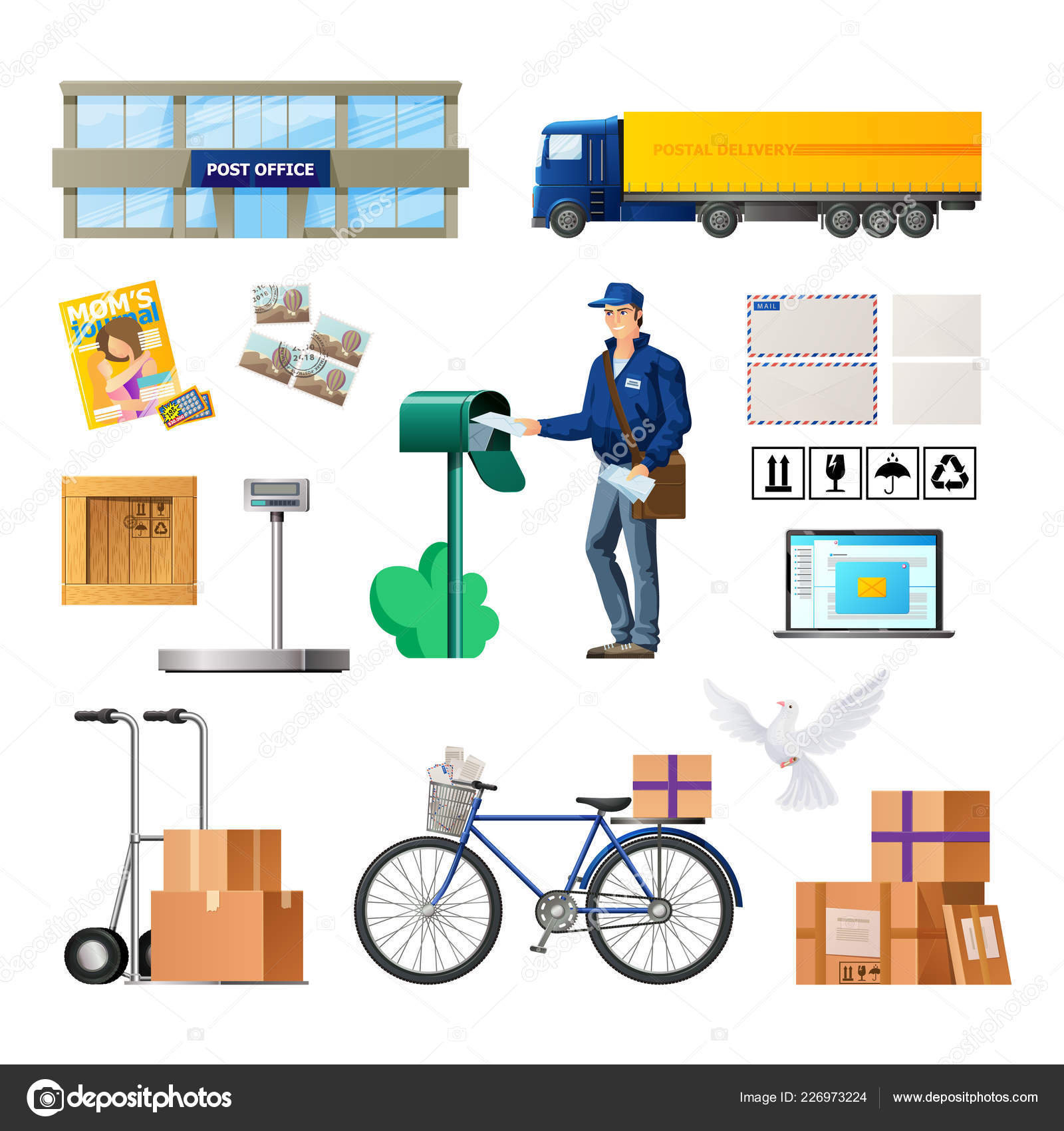 Set of postal service, building of mail, transport for delivery. Stock