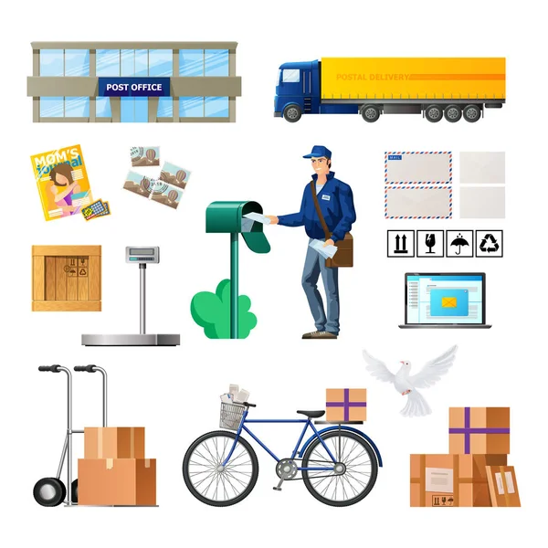 Ensemble de services postaux, bâtiment du courrier, transport pour livraison . — Image vectorielle