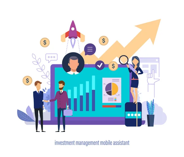 Investment management mobile assistant. Virtual business sales and investment assistant. — Stock Vector