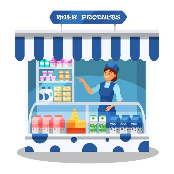 Woman character, seller behind counter with various fresh dairy products. — Stock Vector