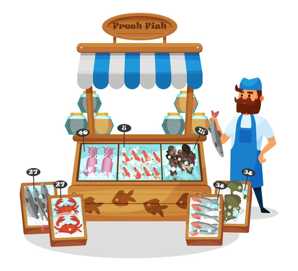Male character, seller behind fish counter, with seafood in ice. — Stock Vector