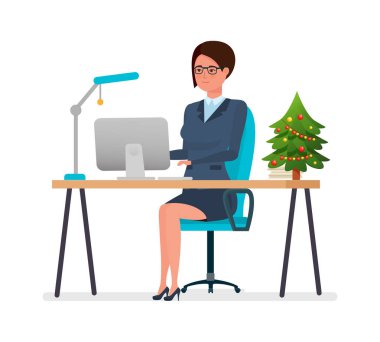 Bilgisayarda ofis, Noel arifesinde çalışan kız.