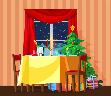 Neşeli Noel oturma odası iç. Festival tablo ile gıda, içecekler.