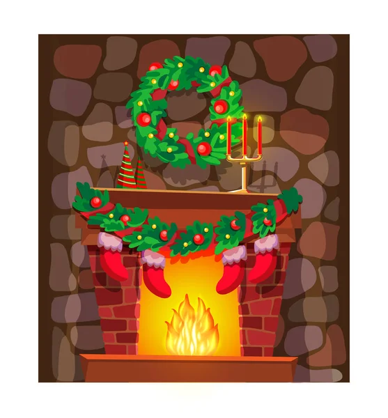 Festive, beautifully decorated brick christmas fireplace in living room. — Stock Vector