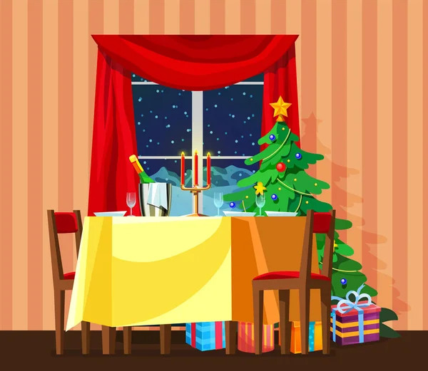 Natale festivo soggiorno interno. Tavolo festivo con cibo, bevande . — Vettoriale Stock