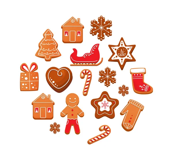 Set of Christmas gingerbread cookies with chocolate icing. — Stock Vector