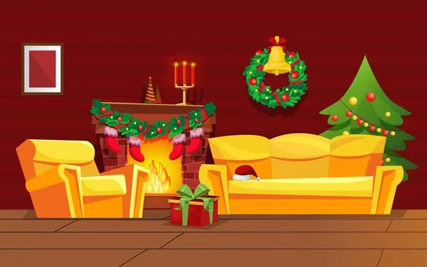 Slavnostní vánoční interiér obývacího pokoje, v předvečer nového roku. — Stockový vektor