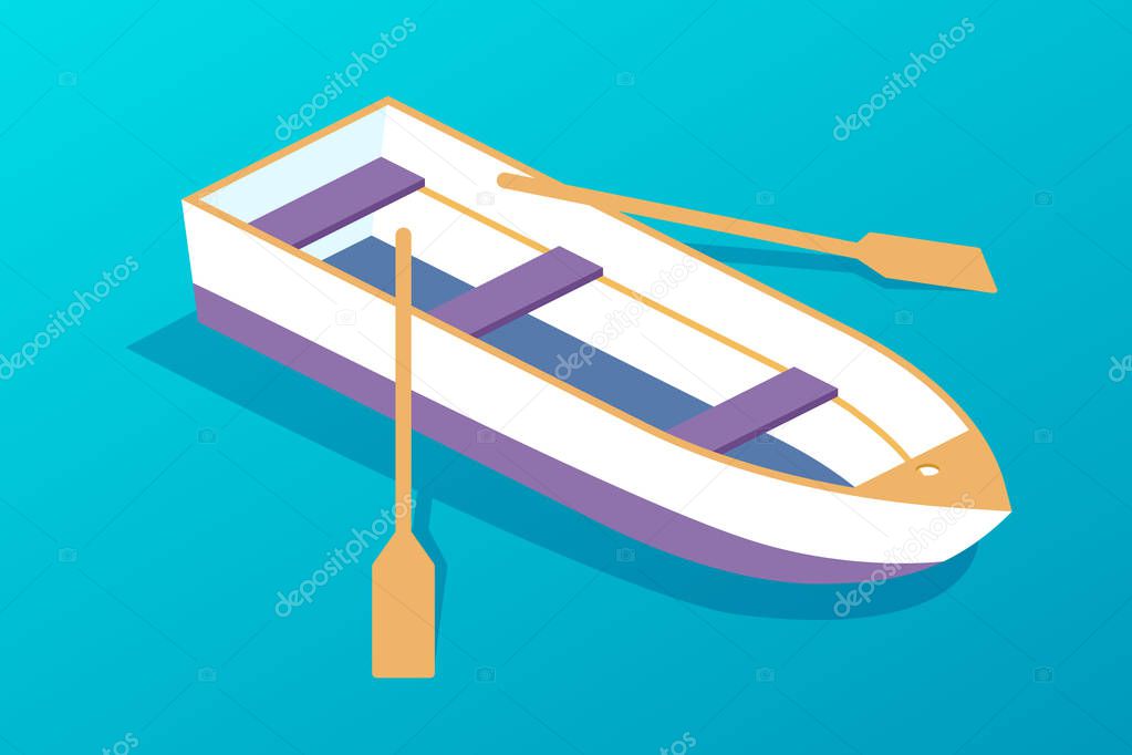 Wooden boat with oars. Water transport, fishing boat, travel, hobbies.