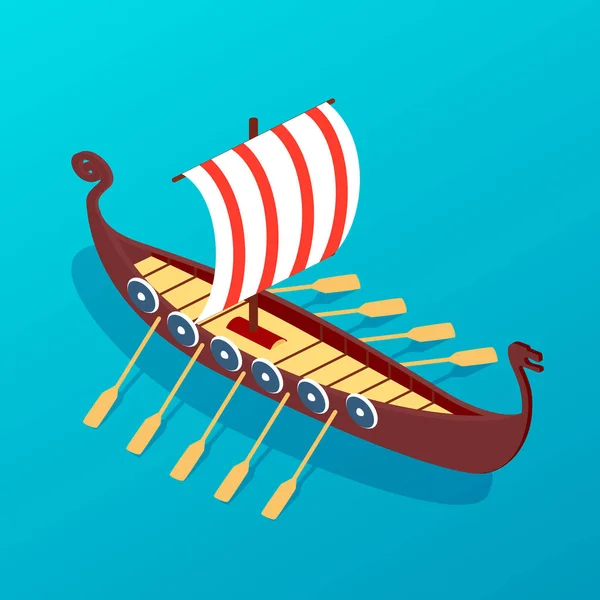 Αρχαία ξύλινο ιστιοφόρο με κουπιά. Στρατιωτικό πολεμικό πλοίο ταξίδια στη θάλασσα. — Διανυσματικό Αρχείο