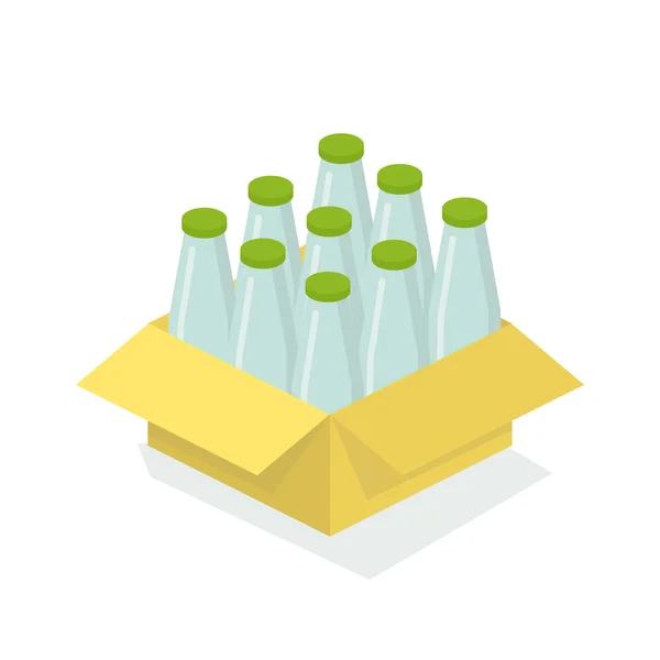 Scatola di cartone con bottiglie di vetro con produzioni di latte . — Vettoriale Stock