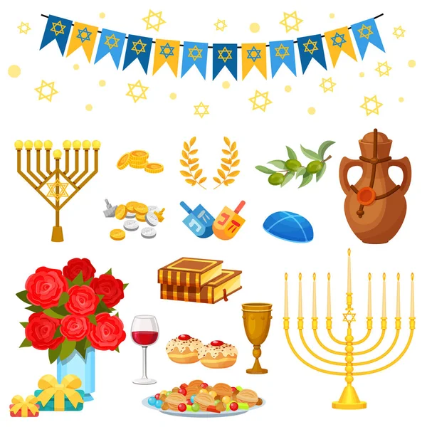 Σύνολο αντικειμένων παραδοσιακή Εβραϊκή διακοπές Hanukkah, γιορτή φώτων. — Διανυσματικό Αρχείο